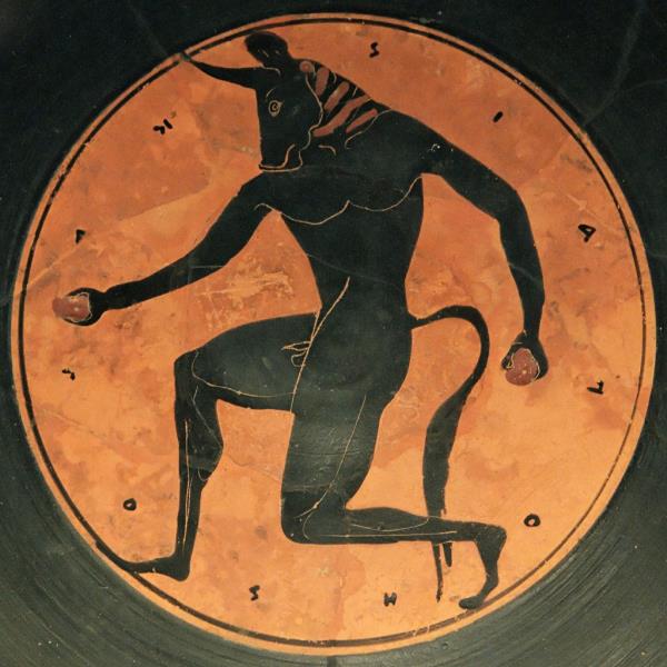 Black-Figure Attic Greek kylix depicting the Minotaur from the Theseus myth, by the Painter of London; black-figure pottery, circa 515 BC. 