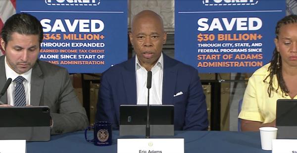 Mayor Eric Adams speaking at a weekly press co<em></em>nference at City Hall, promising a reward for information on a hit-and-run incident