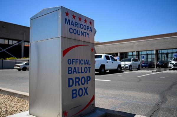 A secured ballot drop box under video surveillance at the Maricopa County Election Center in Phoenix, Arizona before the 2024 Primary and General elections