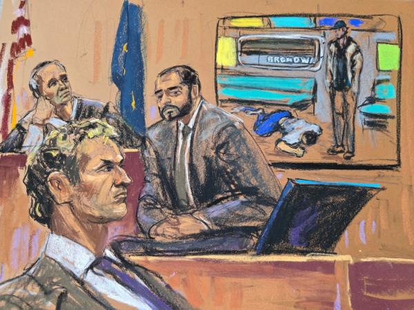 Sketch of former U.S. Marine Daniel Penny in courtroom listening to testimony during his trial presided by Judge Maxwell Wiley
