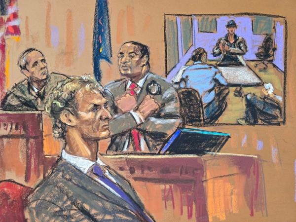 Court sketch shows Daniel Penny viewing footage of his police interrogation.