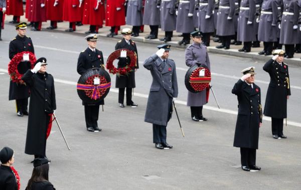 Prince Edward, Duke of Edinburgh, Prince William, Prince of Wales, King Charles III and Princess Anne, Princess Royal saluting at the Cenotaph during the Remembrance Day service in London, 2024.