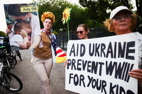Ukrainians and supporters attend solidarity with Ukraine demo<em></em>nstration in front of the Washington Mo<em></em>nument during the 75th NATO Summit in Washington, DC, United States of America on July 9th.