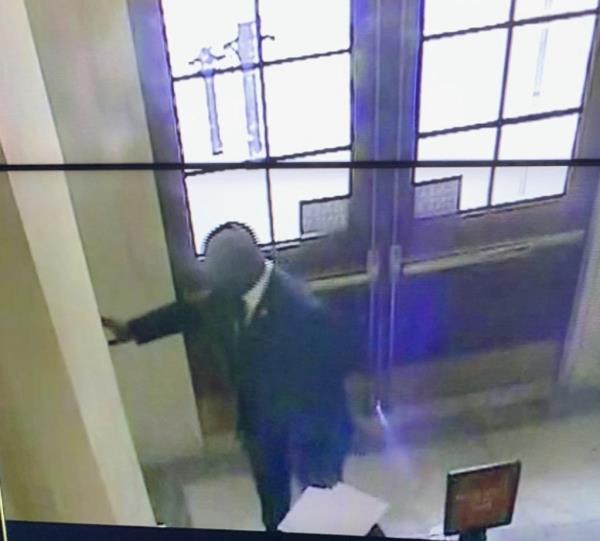 Rep. Jamaal Bowman is seen allegedly pulling a fire alarm at the Cannon Building on Sep. 30, 2023.
