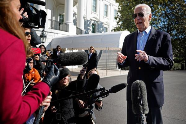 Biden speaks briefly with reporters before boarding the Marine One presidential helicopter and departing the White House on February 29, 2024.