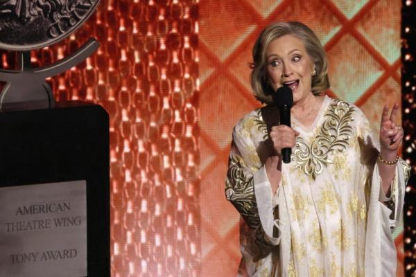 Hillary Clinton delivering a speech at the 77th Annual Tony Awards in New York City