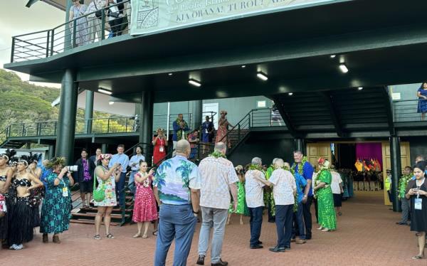 Leaders arriving and greeted by the Cook Islands PM and Forum chair Mark Brown at the opening ceremony of the 52nd Pacific Islands Leaders Meeting in Rarotonga. 6 November 2023.