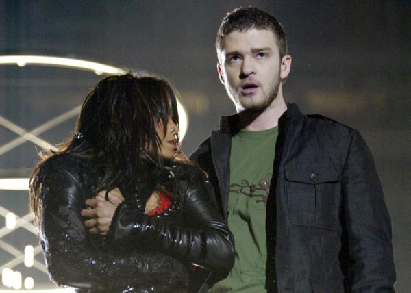 Janet Jackson and Justin Timberlake at the 2004 Super Bowl halftime show.