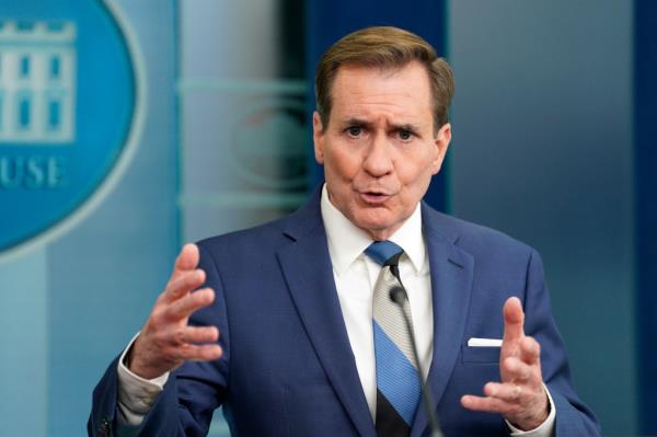 Natio<em></em>nal Security Council Strategic Communications Coordinator John Kirby speaks during a press briefing with White House Press Secretary Karine Jean-Pierre in the James S Brady Press Briefing Room of the White House