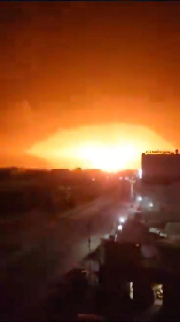 An explosion occurs following an attack during the U.S.-led strikes on Houthi targets.
