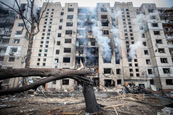 A residential building in Kyiv is destroyed following Russian shellings.  