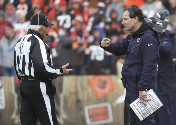 Bears coach Matt Eberflus talks to an official in the second half against the Browns on Dec. 17, 2023, at Cleveland Browns Stadium. 