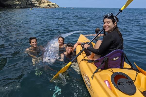 The kayaker and swimmers pose with the fish.