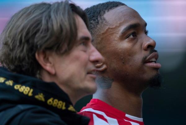 Brentford striker Ivan To<em></em>ney and manager Thomas Frank