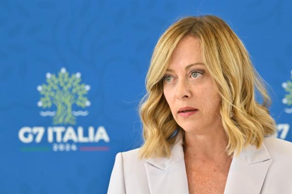 Italy's Prime Minister Giorgia Meloni speaks during a closing press co<em></em>nference on the final day of the 50th G7 summit at Borgo Egnazia on June 15, 2024 in Fasano, Italy