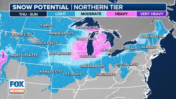Fox Forecast Center expects a band of heavy snow will fall from Missouri to Michigan, with possible severe thunderstorms possible in other parts of the country later this week.
