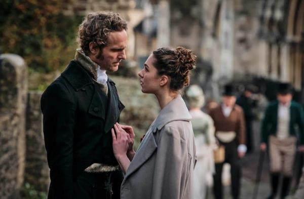 Jack Fox as Sir Edward Denham and Eloise Webb as Augusta Markham in Sanditon season 3