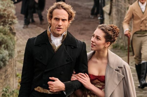 Jack Fox as Sir Edward Denham and Eloise Webb as Augusta Markham in Sanditon season 3