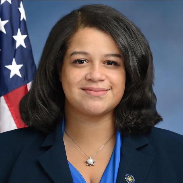 headshot of Assemblywoman Michaelle Solages looking at camera with flag in background. 