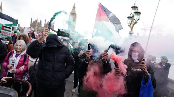 Protesters during a pro-Palestine march organised by Palestine Solidarity Campaign in central London. Picture date: Saturday October 28, 2023.