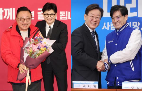 The photo on the left shows People Power Party interim chair Han Dong-hoon (right) posing for a photo with former Samsung Electro<em></em>nics president Koh Dong-jin at a welcoming ceremony held at the Natio<em></em>nal Assembly in Seoul Monday. The other photo shows Democratic Party Chairman Rep. Lee Jae-myung (left) welcoming former Hyundai Motor president Kong Young-woon at a welcoming ceremony held at the Natio<em></em>nal Assembly in Seoul Monday. (Yonhap)