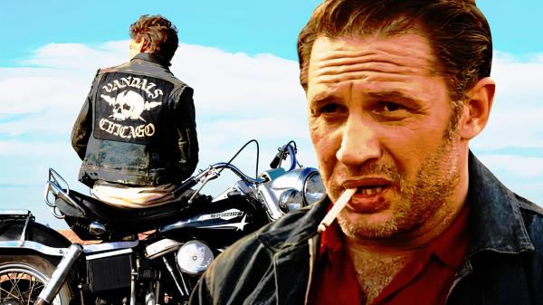 Tom Hardy in The Bikeriders with a cigarette in his mouth over an image of the film's poster.