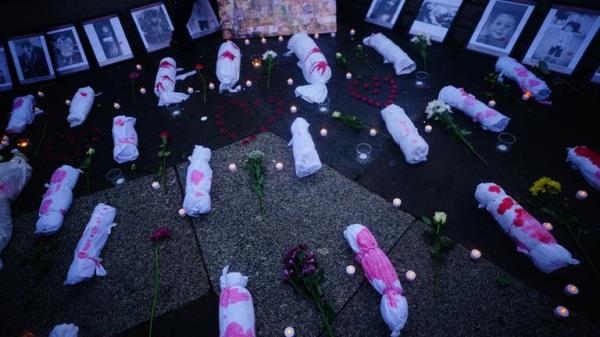 Effigies of dead babies laid out at a rally in Trafalgar Square, London, during Stop the War coalition's call for a Palestine ceasefire. Picture date: Saturday November 4,…