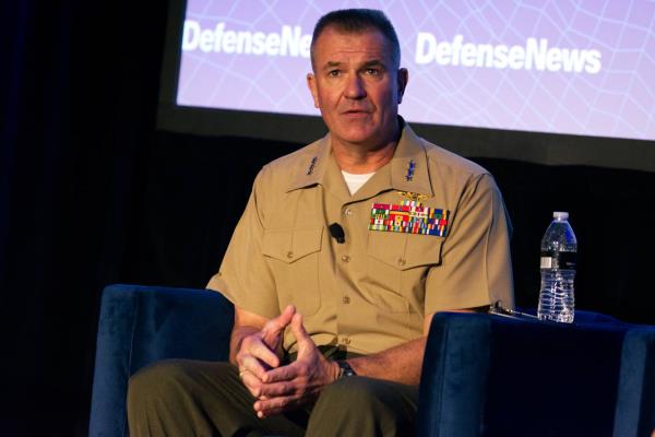 U.S. Marine Corps Lt. Gen. Karsten Heckl answers a question Sept. 6, 2023, at the Defense News Co<em></em>nference in Pentagon City.