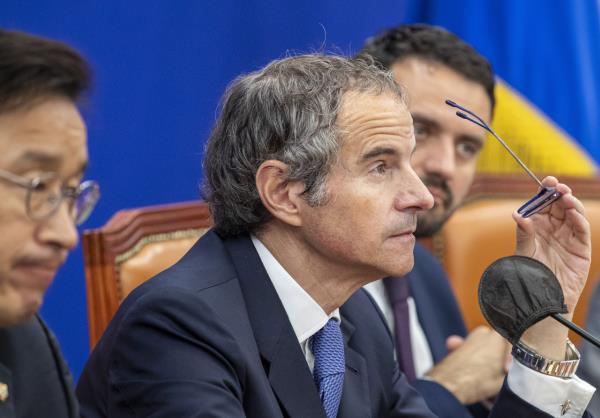This photo, taken on July 9, shows Internatio<em></em>nal Atomic Energy Agency Director General Rafael Grossi speaking during his visit to the Natio<em></em>nal Assembly in Seoul. (Yonhap)