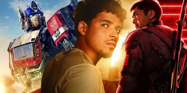 Noah Diaz and Optimus Prime from Transformers: Rise of the Beasts next to Snake Eyes from GI Joe