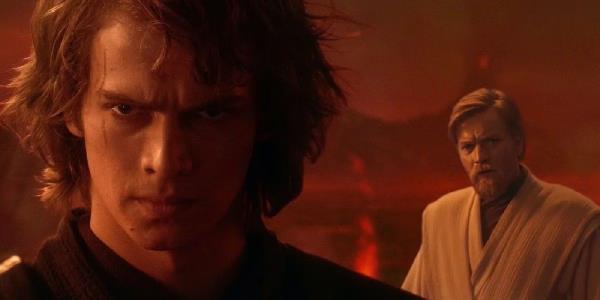 Hayden Christensen as Anakin and Ewan McGregor as Obi-Wan preparing to battle on Mustafar in Star Wars: Episode III