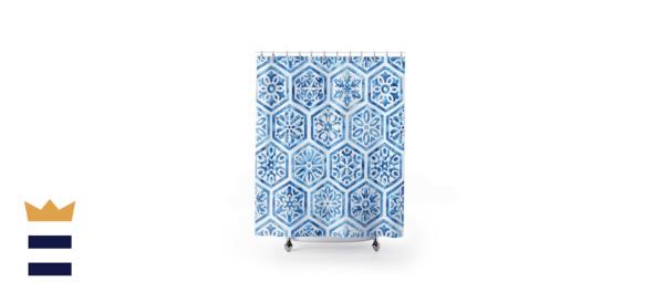 DesignByMerrit Blue and White Tile Watercolor Shower Curtain